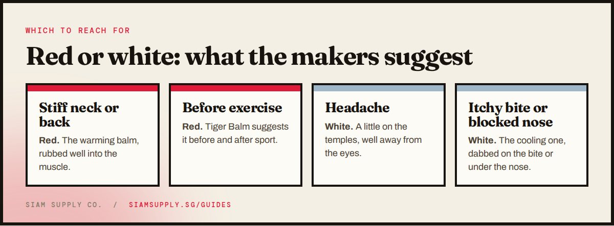 Which balm to use: red for a stiff neck or before exercise, white for a headache, itchy bite or blocked nose