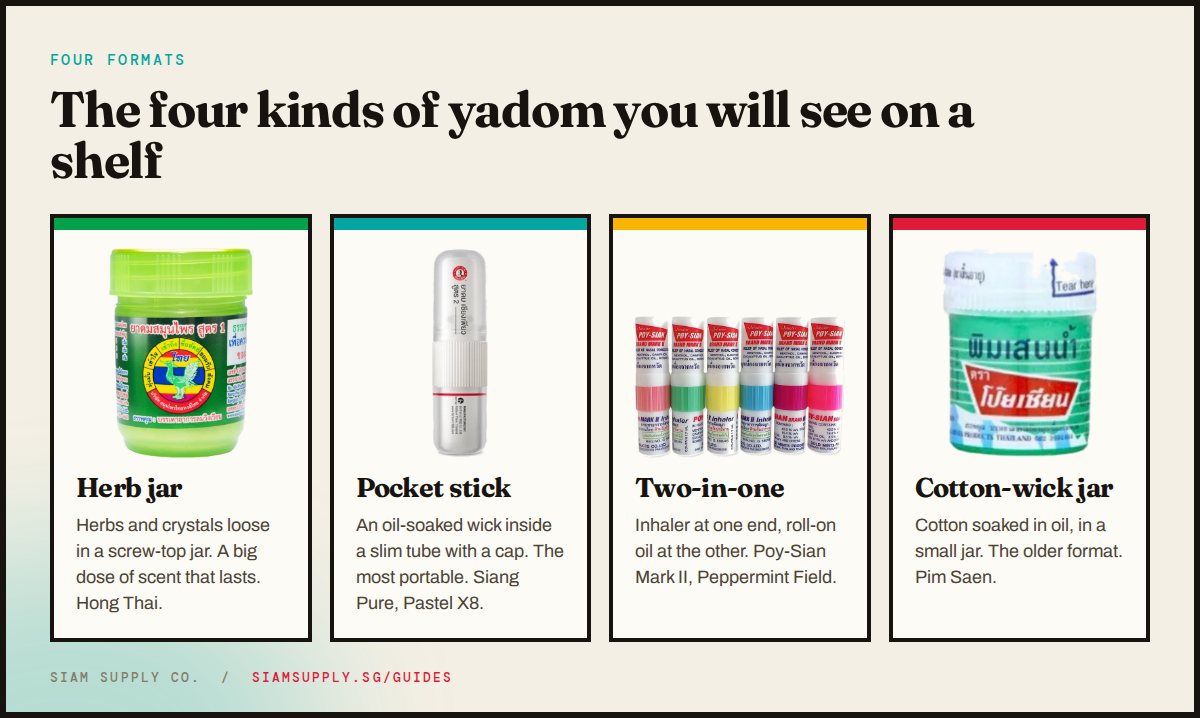 The four formats of Thai inhaler: Hong Thai herb jar, Siang Pure pocket stick, Poy-Sian two-in-one and Pim Saen cotton-wick jar