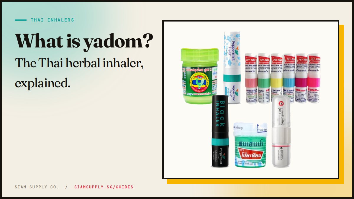 Six Thai herbal inhalers: Hong Thai jar, Poy-Sian, Pastel X8, Peppermint Field, Pim Saen cotton-wick jar and Siang Pure inhaler