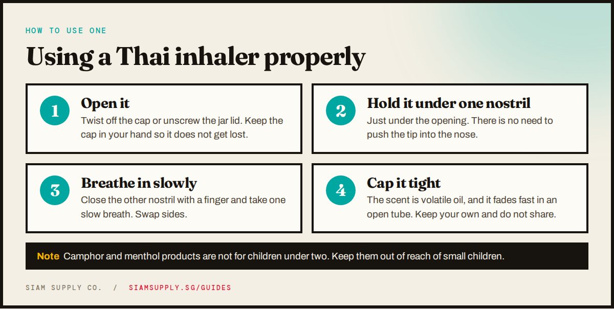 Four steps to using a Thai inhaler: open it, hold it under one nostril, breathe in slowly, cap it tight